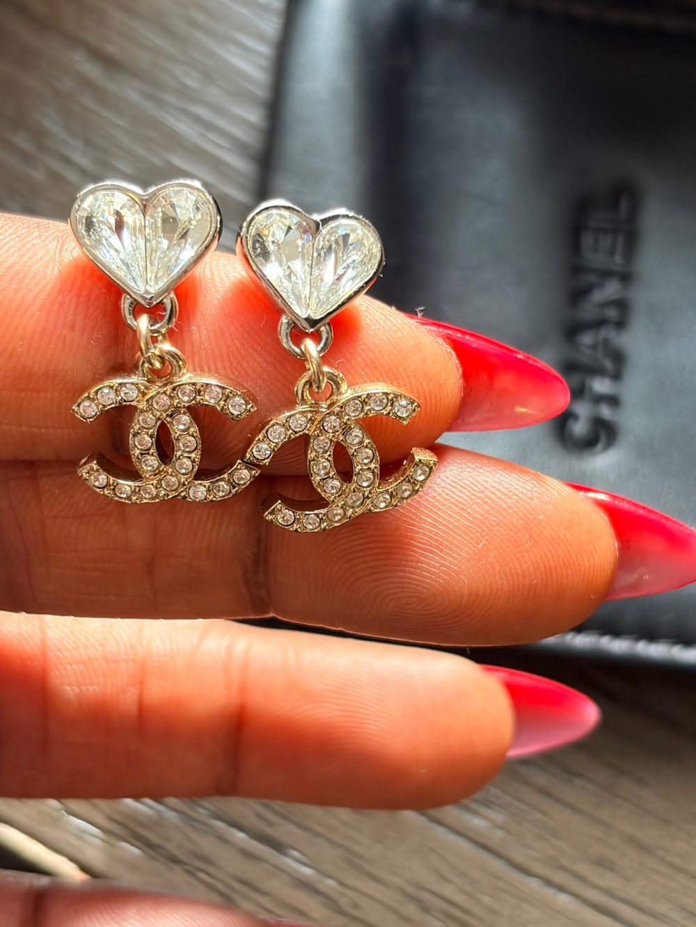 CHANEL Gold-Tone Crystal Heart Drop Earrings with Paved CC Logos